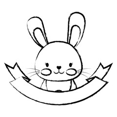 sketch of decorative emblem with cute rabbit and ribbon over white background, vector illustration