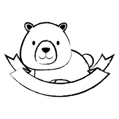 sketch of decorative emblem with cute bear and ribbon over white background, vector illustration