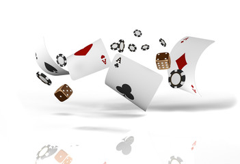 Casino cards dice and chips fly on white background. Online casino concept with place for text. Falling poker chips in air. 3d rendering