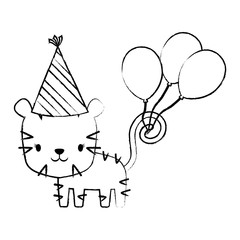 happy birthday design with cute tiger with birthday hat and balloons over white background, vector illustration