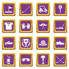 Golf icons set vector purple square isolated on white background 