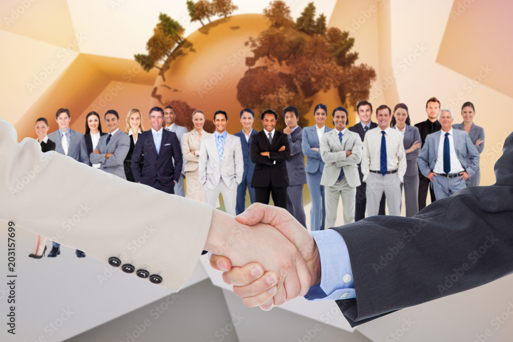 Aufkleber smiling business people shaking hands while looking at the camera against globe on abstract backgrou