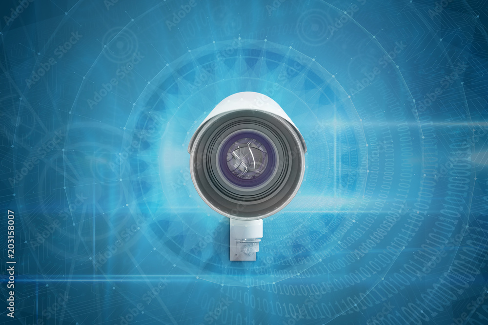 Poster cctv camera against spiral of shiny binary code