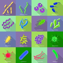 Viruses and bacteria icons set. Flat illustration of 16 viruses and bacteria vector icons for web