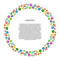Round frame of gems isolated on white background, with place for text. Vector. For your design