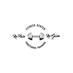 Fitness club logo, dumbbell icon. No PAin No Gain text. Functional training. Sport equipment. Vector.