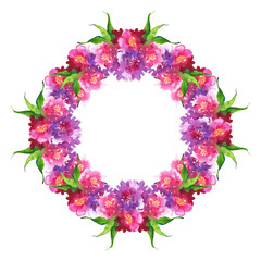 Watercolor pink purple flower peony rose carnation leaf floral wreath frame composition isolated art