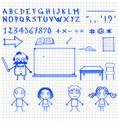 Hand-drawn school theme characters - objects and symbols on square background