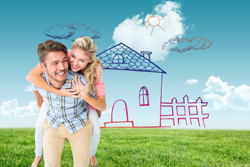 Handsome man giving piggy back to his girlfriend against blue sky over green field