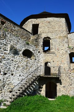 Northeastern renaissance bastion of fort Bzovik with visible rebuilded staircase and entrance. Located in Krupina region, central Slovakia. 