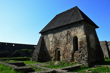 Fototapeta na wymiar Rebuilded romanesque church on fort Bzovik, former premonstratesian monastery. Located in Krupina region, Slovakia, central Europe