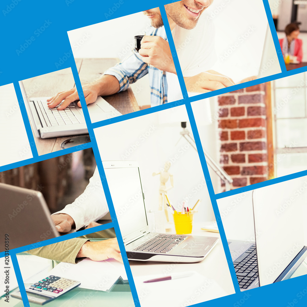 Poster composite image of man working with laptop and writing