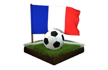 Ball for playing football and national flag of France on field with grass