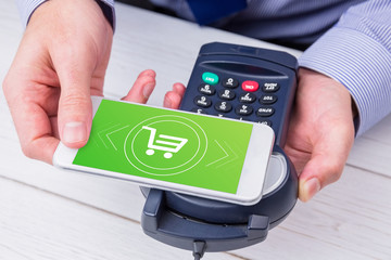 Payment screen against man using smartphone to express pay 