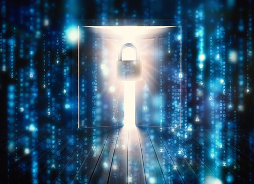 Lines of blue blurred letters falling against padlock guarding door to bright light - Powered by Adobe