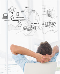 Rear view of a casual man resting with hands behind head in office against brainstorm graphic