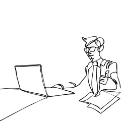 Business man on the working space continuous line vector drawing. Business vector concept