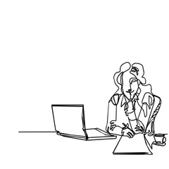 Fototapeta na wymiar Business woman on the working space continuous line vector drawing. Business vector concept