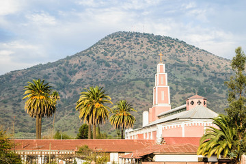 Pink church with one cross in Pelequen near Rancagua, Chile