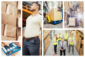 Boxes on trolley in warehouse against forklift machine in warehouse