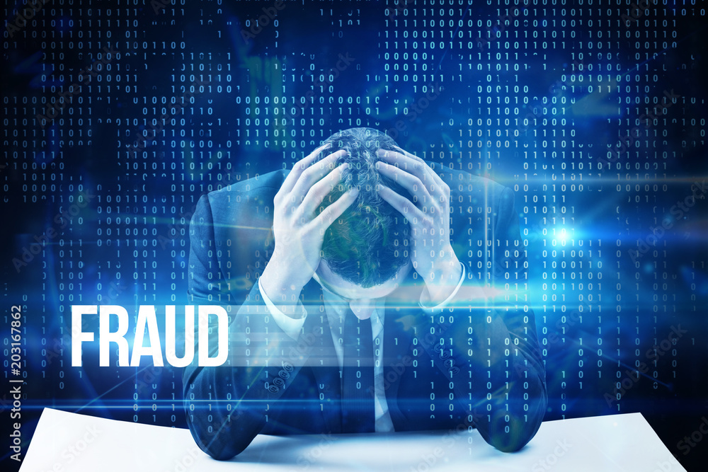 Poster the word fraud and businessman with head in hands against blue technology interface with binary code