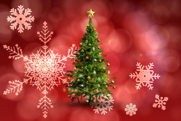 Christmas tree on white background against red snow flake pattern design