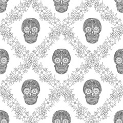 Day of The Dead Skull with floral ornament. Seamless pattern. Mexican sugar skull. Vector illustration