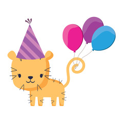 happy birthday design with cute tiger with birthday hat and balloons over white background, colorful design. vector illustration