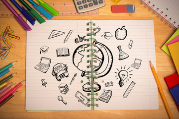 Education doodles against students desk