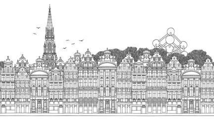 Brussels, Belgium - Seamless banner of the city’s skyline, hand drawn black and white illustration