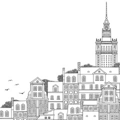 Hand drawn black and white illustration of Warsaw, Poland with empty space for text