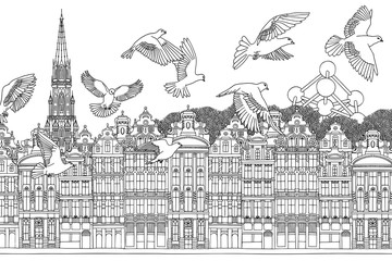 Brussels, Belgium - Seamless banner of the city’s skyline, hand drawn black and white illustration