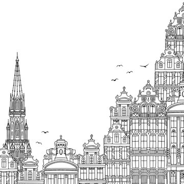 Hand drawn black and white illustration of Brussels, Belgium with empty space for text