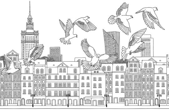 Birds over Warsaw - hand drawn black and white illustration of the city with a flock of pigeons