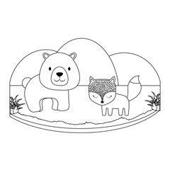 landscape with cute fox and bear over white background, vector illustration