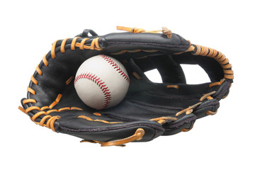 baseball in leather glove isolated on white background
