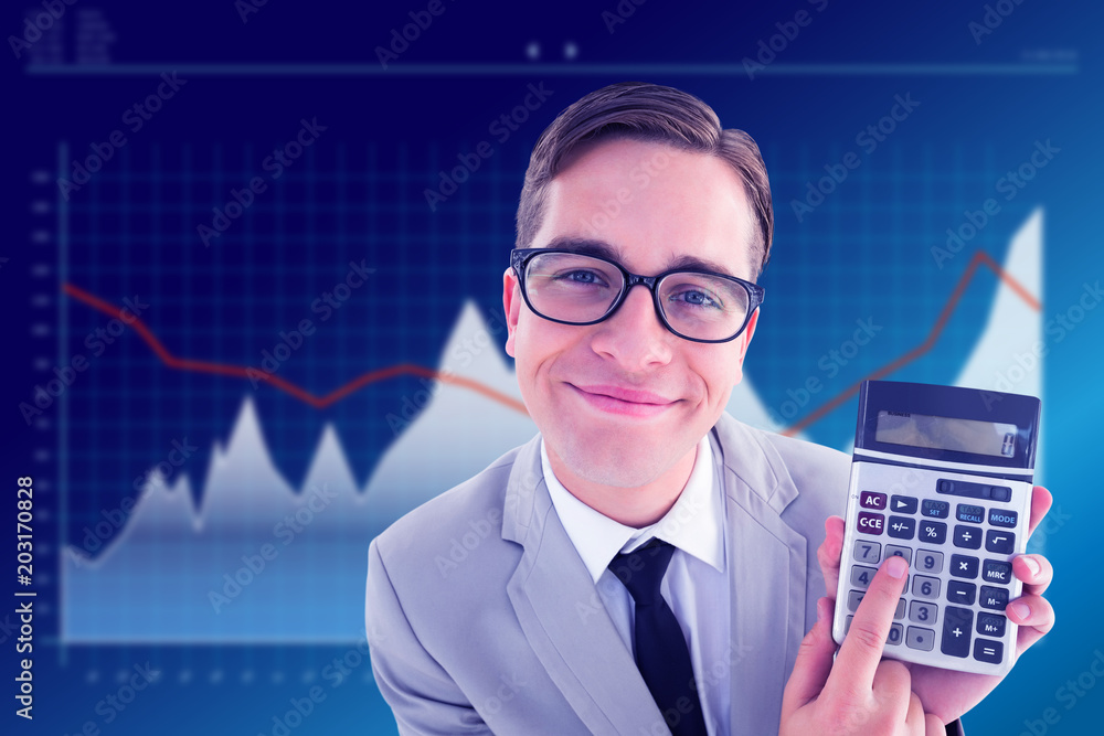 Poster Geeky smiling businessman showing calculator against business interface with graphs and data