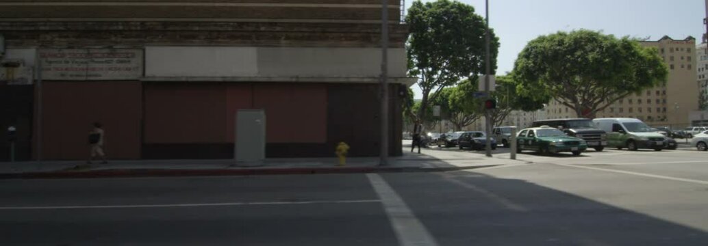 Left Side view of a Driving Plate: Car travels on 8th Street in Los Angeles, turns right onto Olive Street, and continues to the intersection with 1st Street.