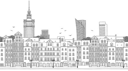 Naklejka premium Warszawa, Polska - Bez szwu transparent panoramę miasta, ręcznie rysowane czarno-białych ilustracji