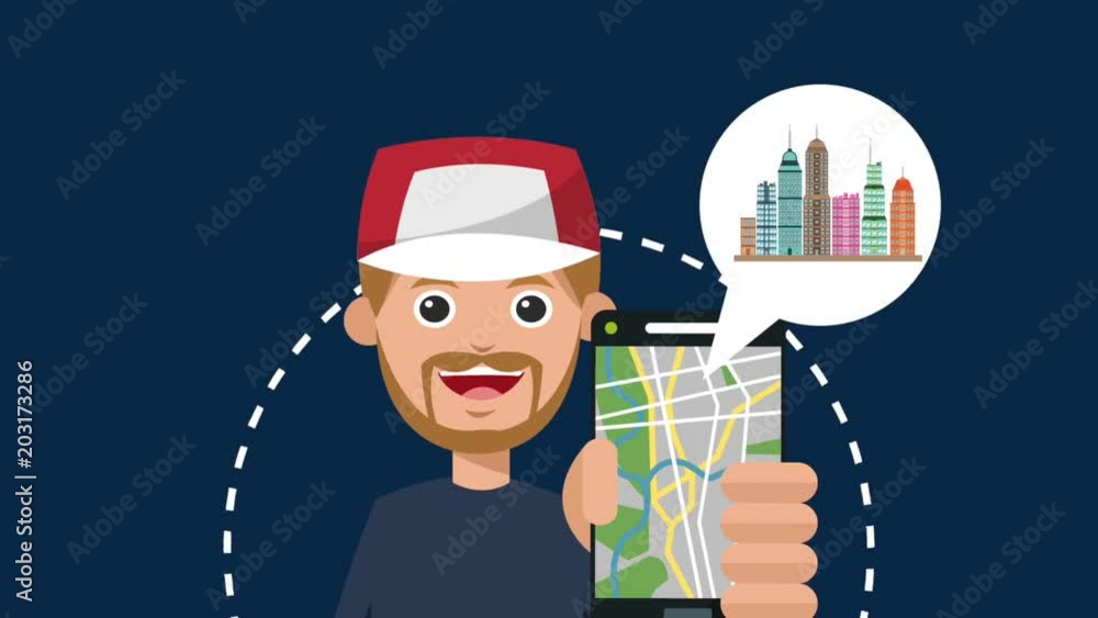 Poster young man using gps app with smartphone high definition animation colorful scenes