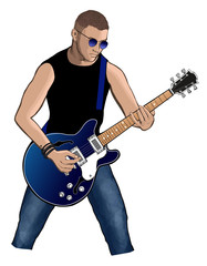 Obraz premium Guitar player with blue electric guitar