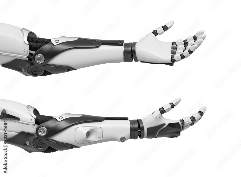 Aufkleber 3d rendering of set of two black and white robotic hands with palms open and fingers relaxed and sti