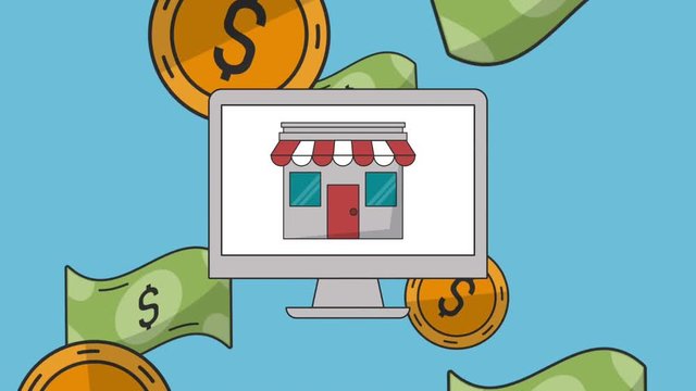 Ecommerce and shopping from computer over moeny falling down background High Definition animation colorful scenes