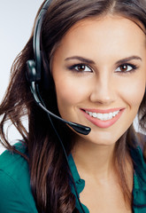 Support phone operator in headset, on grey