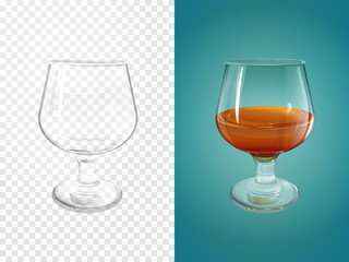 Cognac 3D vector illustration of realistic crockery for brandy cognac. Isolated transparent glasses or glassware mockup template models set with half of alcoholic drink whisky or whiskey