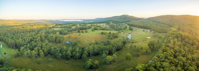 Aerial panorama of sunset over rural area in NSW, Australia