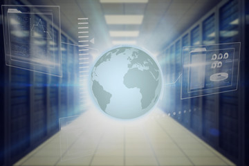 Earth against digitally generated server room with towers