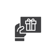 Hand holding gift greeting card vector icon. filled flat sign for mobile concept and web design. Present giving simple solid icon. Symbol, logo illustration. Pixel perfect vector graphics