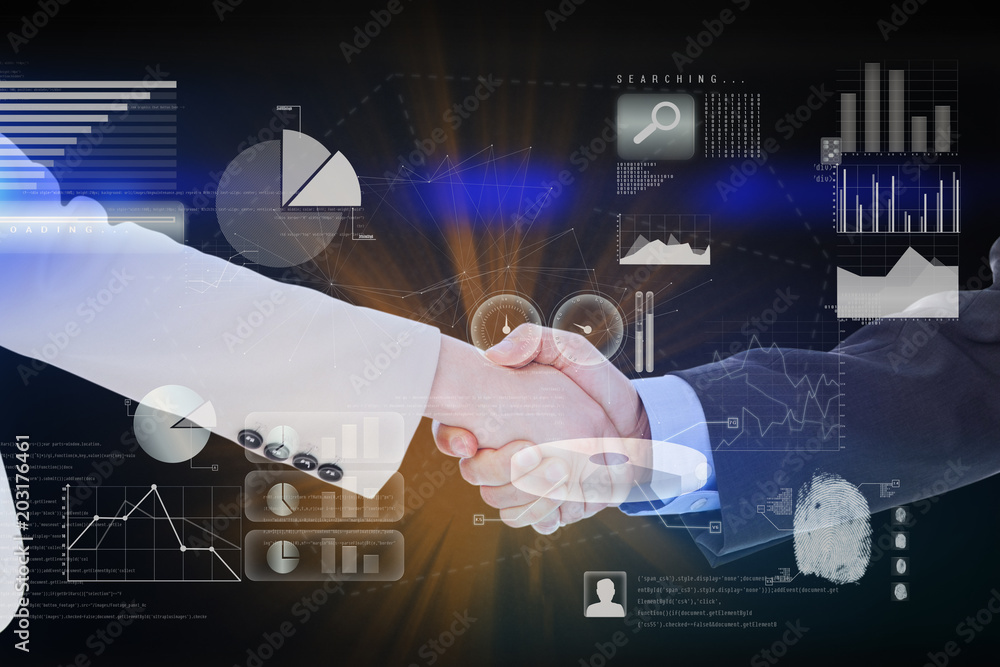 Aufkleber smiling business people shaking hands while looking at the camera against abstract technology interf