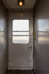 Closeup photo of iron platform interior in railway carriage